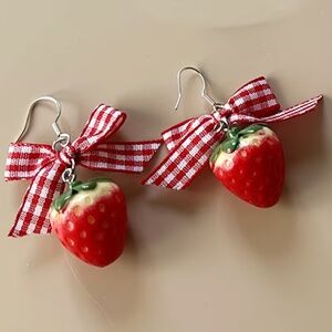 Strawberry Earrings with Red Gingham Bows